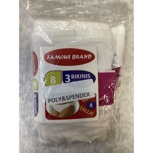 Famous Brand Womens 3 Pack Bikini Underwear White Pink Size 8 Poly Spandex Mesh
